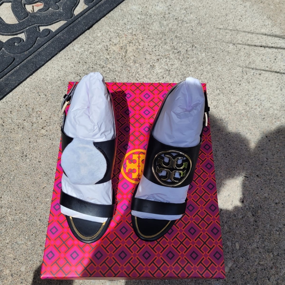 New Black Tory Burch Metal Miller 65mm Wedge Sandal size 8.5